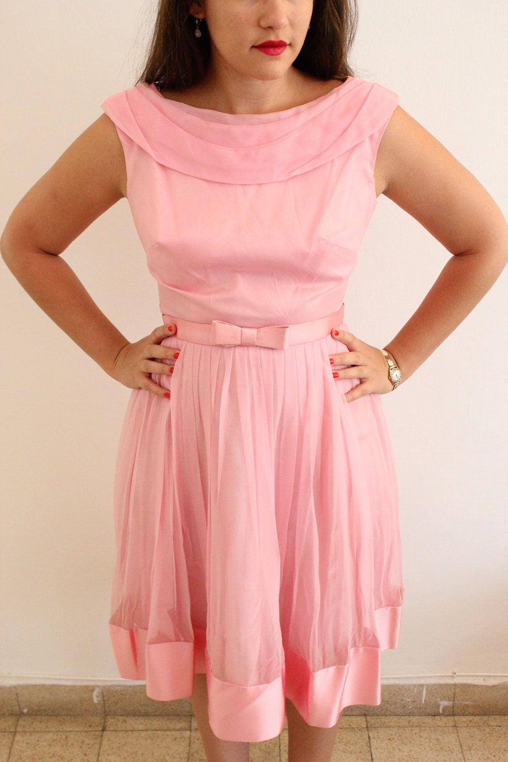 1950s Pink Chiffon Pleated Party Prom Dress With Bow Belt