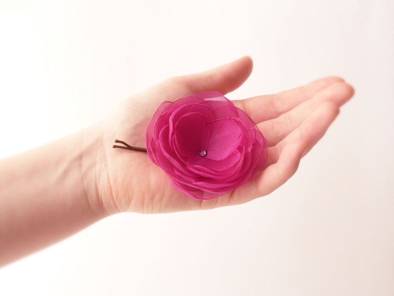 Hot pink organza flower hair clip with Swarovski Romantic hair accessories LIMITED EDITION by Jye, Hand-made in France