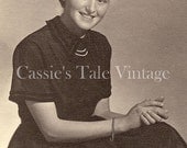 Vintage Photo - Pretty Young Woman in Black Dress w. Collar & Full Skirt, Hiedi Style Hair Braid, Pearl Necklace - Tirol, Germany 1950s