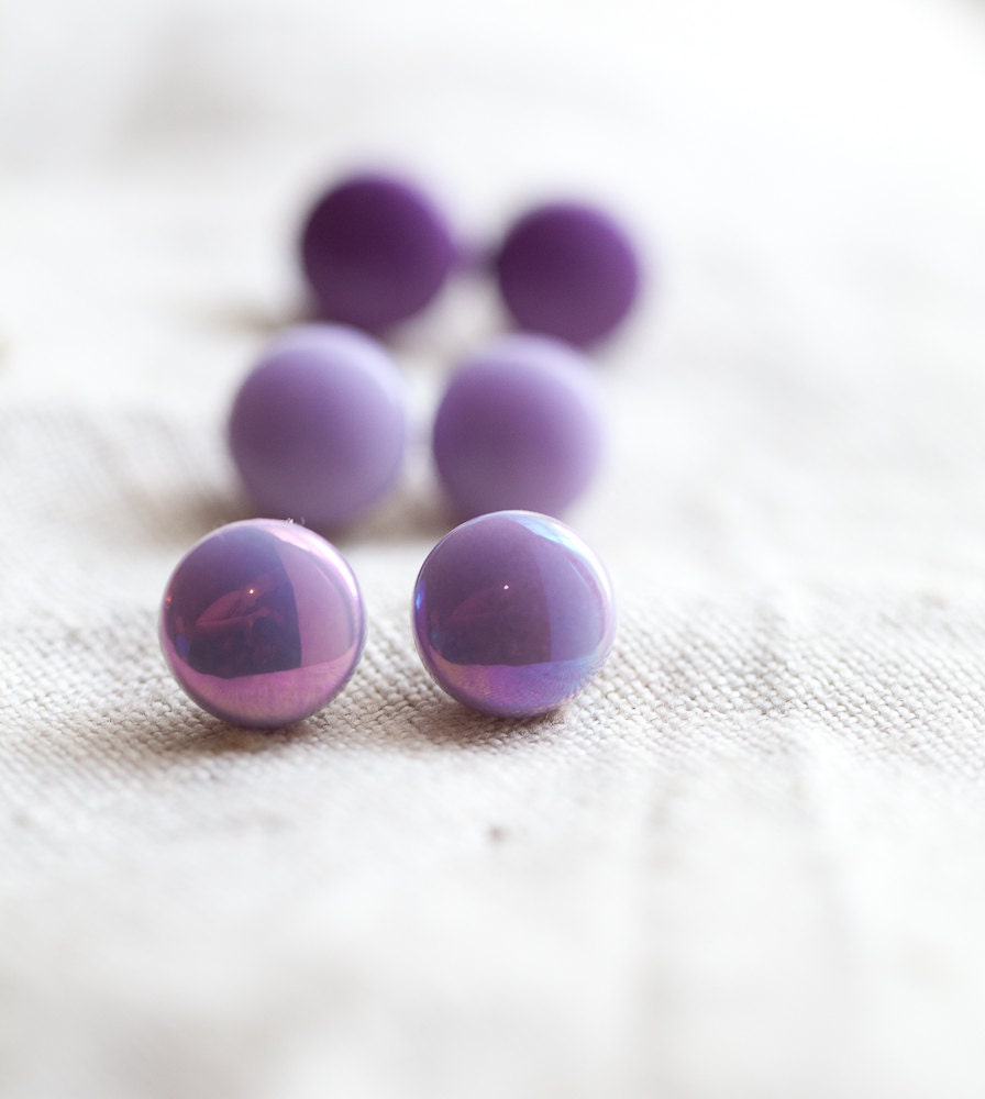 Glossy glass bead Earrings. stud . cutie pie . love . gift . choose your color . lilac . purple