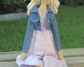 Fabric doll - cloth doll in shiny jeans jacket -child friendly doll,soft doll- stuffed art doll blonde pale lilac pink .Gift for girl