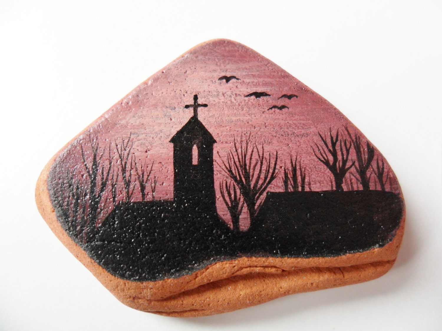 Sunset church - Miniature painting on English sea pottery - original acrylic art
