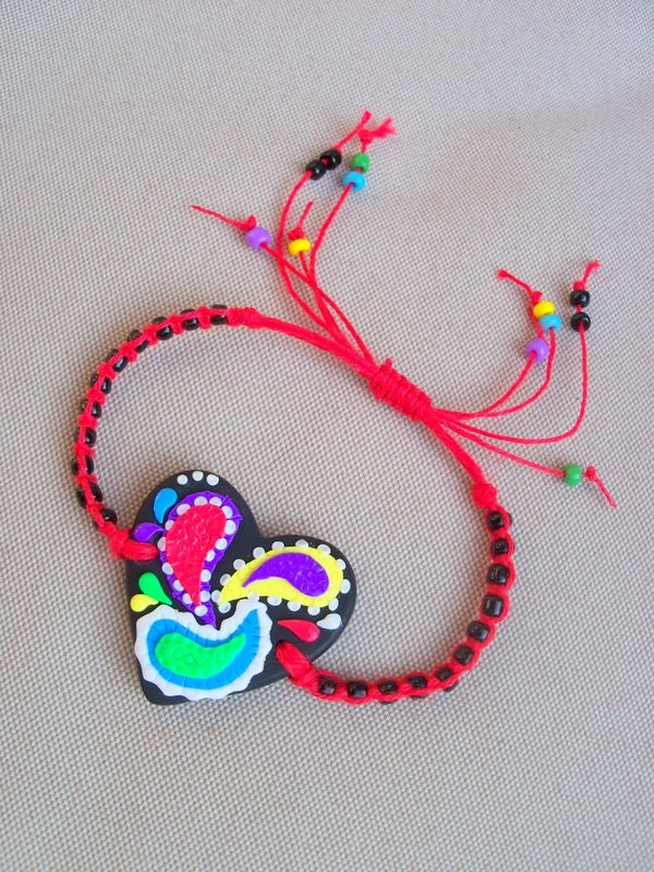 Polymer Clay and Hemp Beaded Bracelet, adjustable, paisley heart