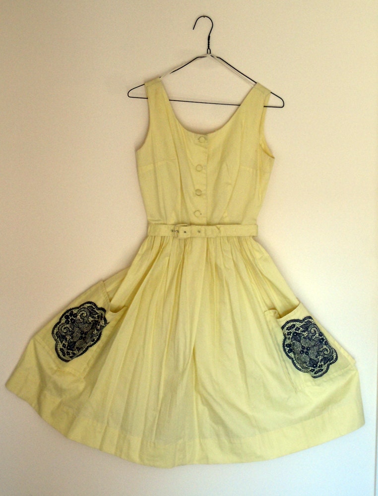 Vintage Yellow & Charcoal 1940s/1950s Swing Dress