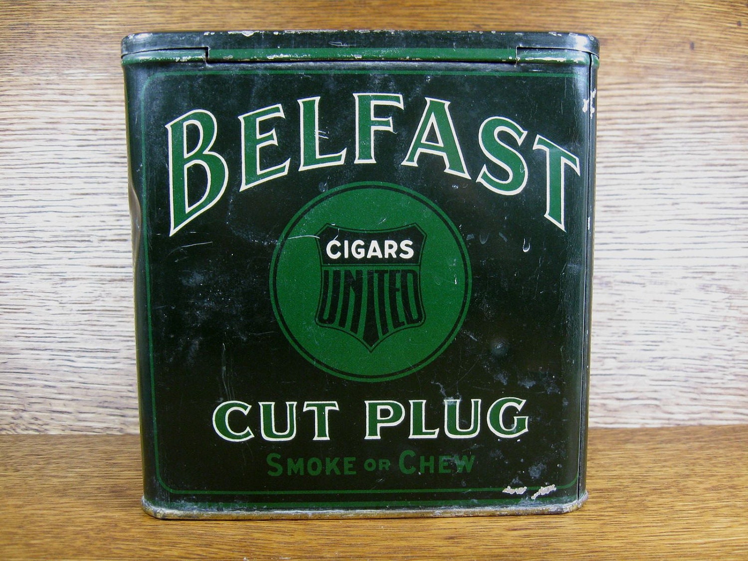 Vintage 1920s Belfast Cut Plug Cigar Tin Box with Hinged Lid Tobacco Irish Green