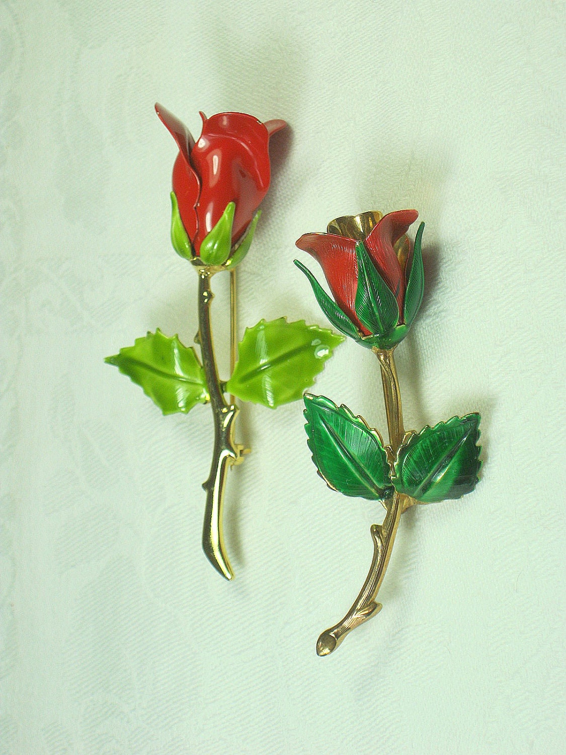 Vintage Rose Brooch Red Roses Enamel Pin Set/2 Scarves Gift