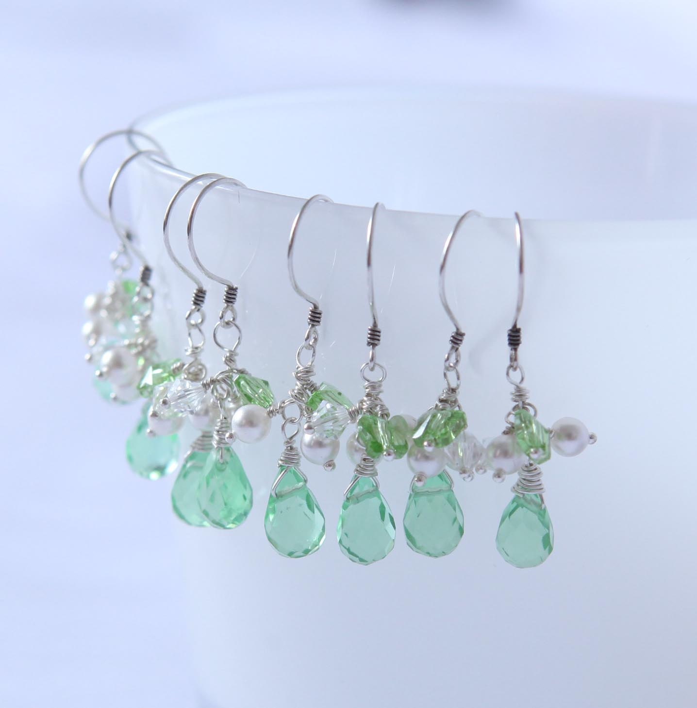 On Sale 6  bridesmaids earrings green quartz sterling silver. Six pairs bridal party jewelry green butterfly