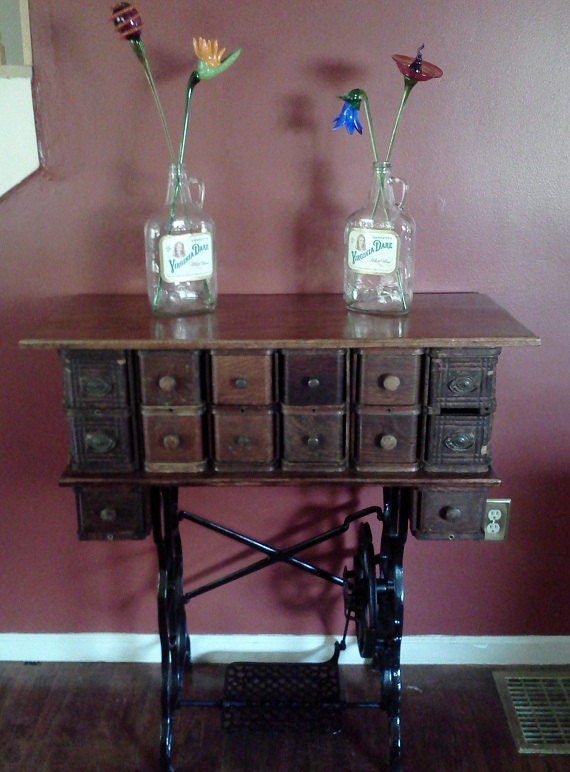 Repurposed Tabletop Storage Unit Vintage Sewing Drawers and Treadle