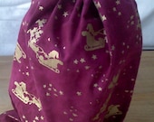 Large Santa and Sleigh Drawstring Fabric Gift Bag Upcycled, Reusable 9 1/2 X 13 Inches