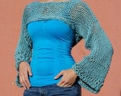 Evania - Sexy Turquoise Blue Green Open Knit Cropped Sweater Shrug