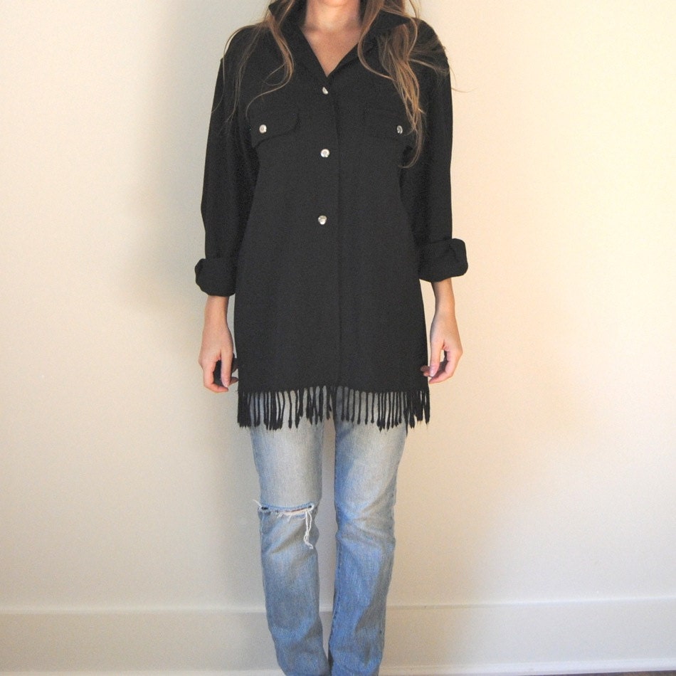 RESERVED // Wool Fringe Shirt // Black Wool Oversized Shirt // Women's Slouchy Oversize Black Wool Blouse // Ladies Wool Shirt Jacket