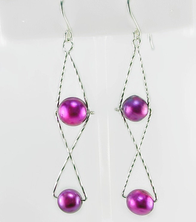 Geometric Style, Large Cranberry Freshwater Pearl & Sterling Silver Earrings