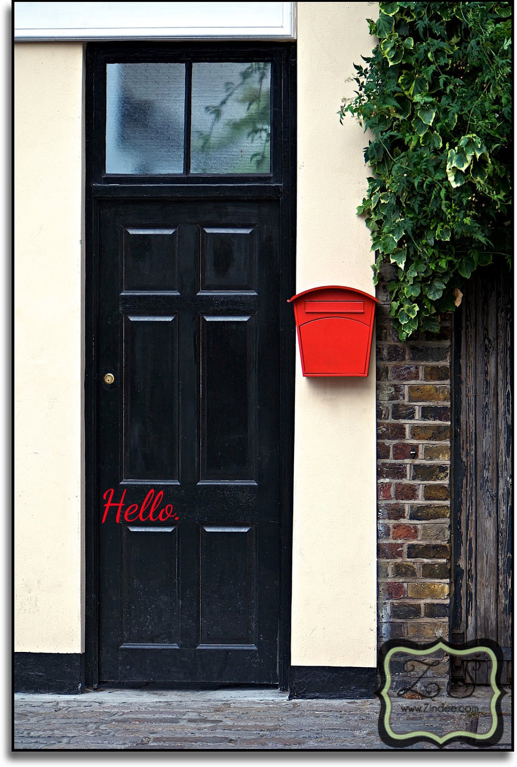 Hello. Decal for front door or various uses 7.2"w x 3.2"h Removable Vinyl Decal for door, bathtub, mirror, wall, etc.