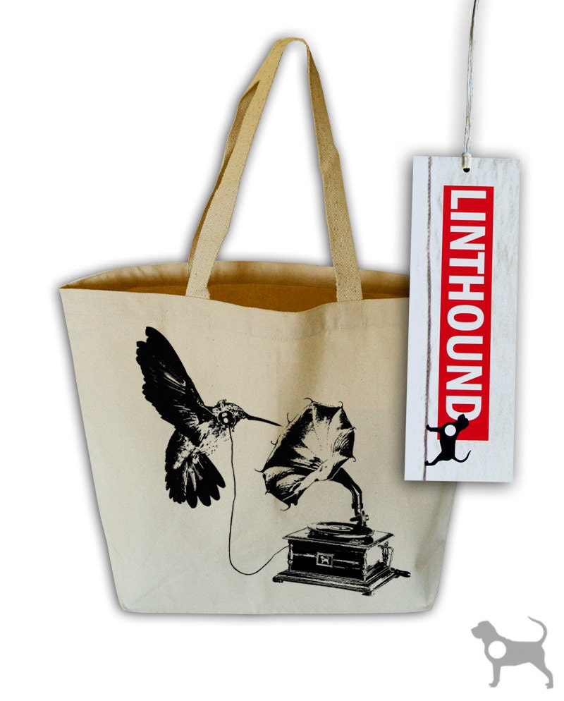 DJ Hummingbird Reusable Natural Cotton Canvas Grocery Tote Bag (Choose Your Ink Color)