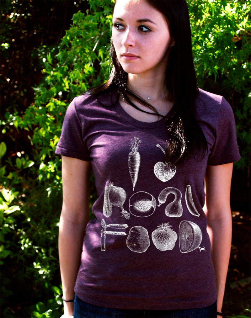 I Heart Real Food Women's Poly Cotton T-Shirt by American Apparel (S M L XL) Choose Your Shirt and Ink Colors