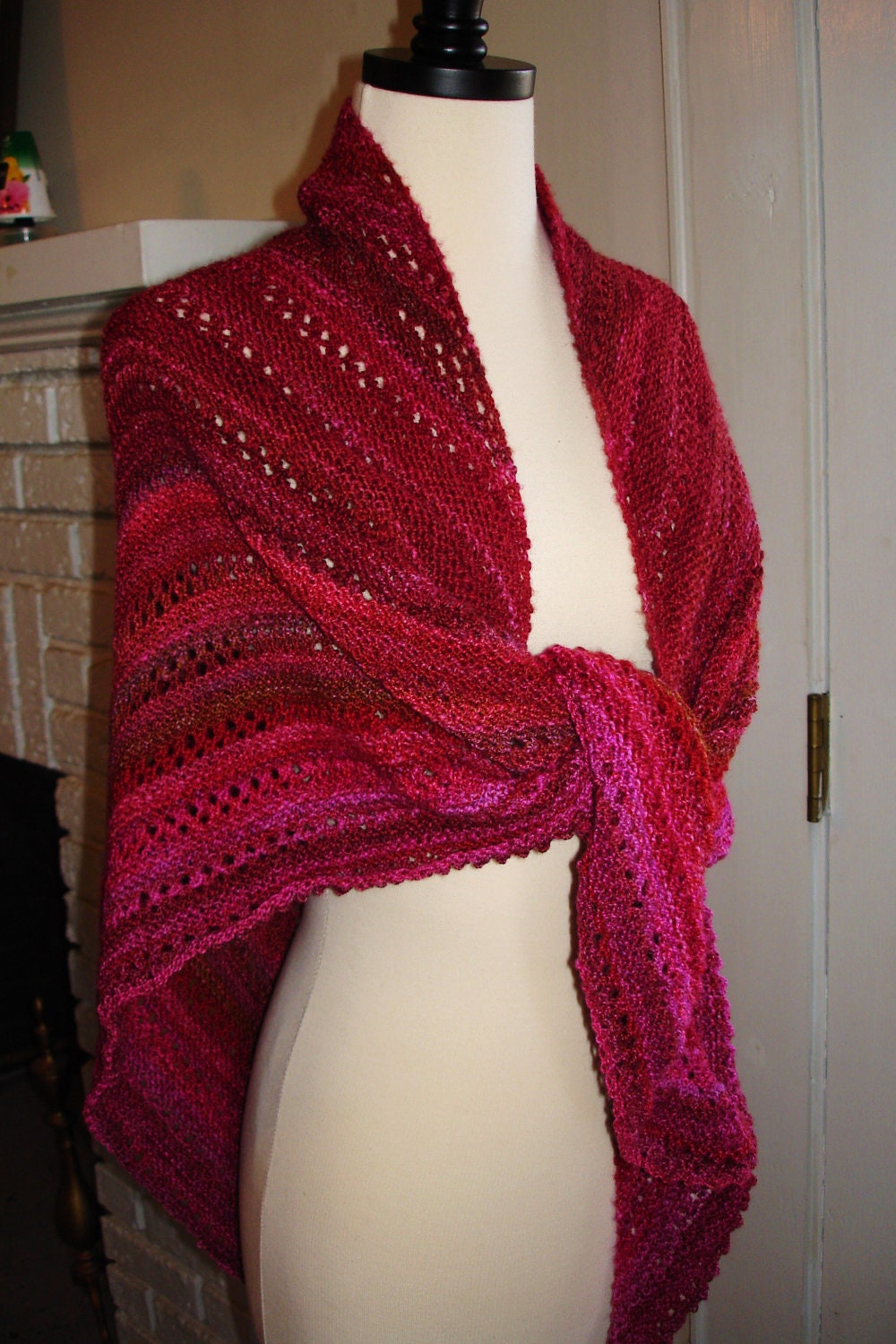 Hand Knit BFL Wool Shaw, Hand Spun and Dyed Yarn, Deep Reds and Fuschia
