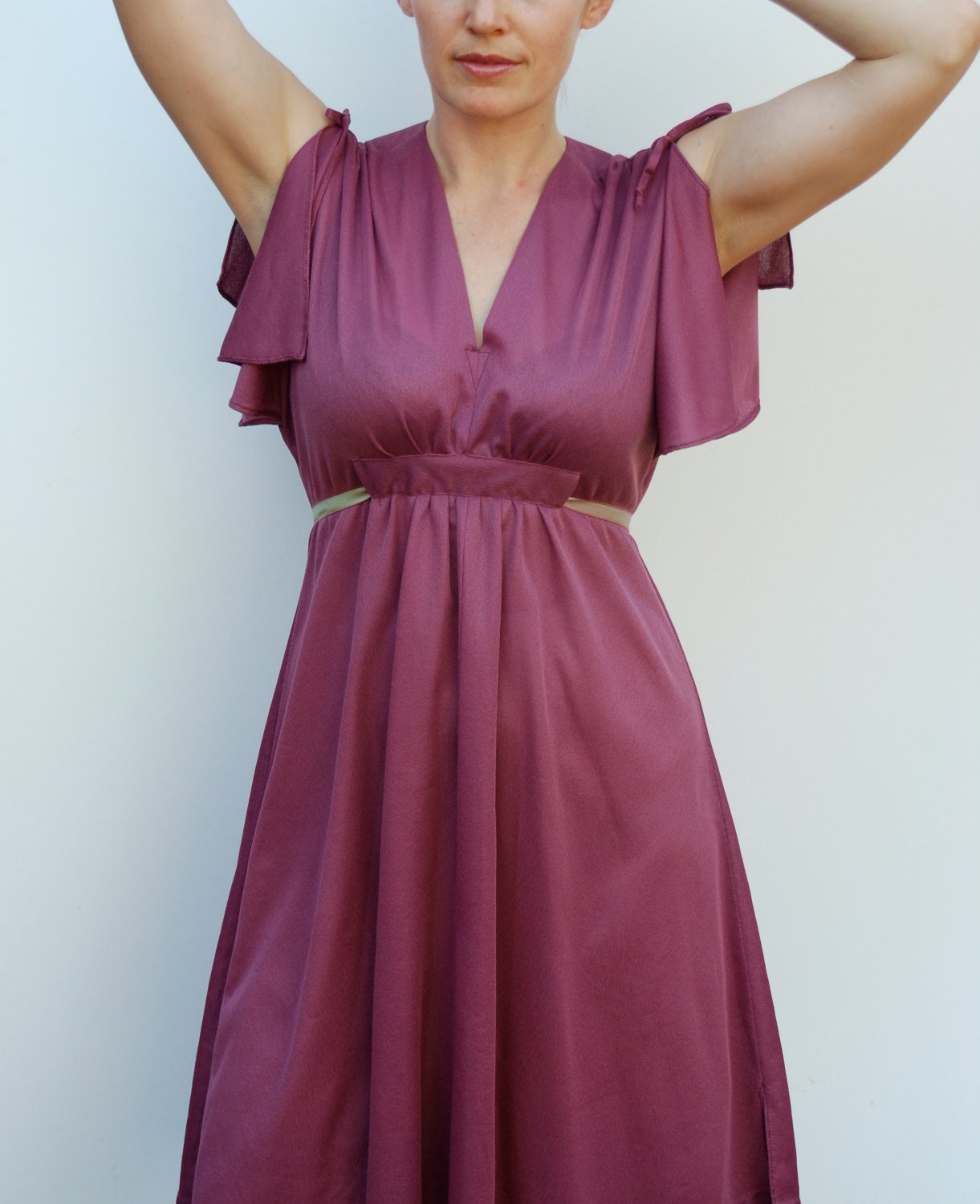 Mauve spring dress, semi sheer with bell sleeves and empire waist, 1970's.