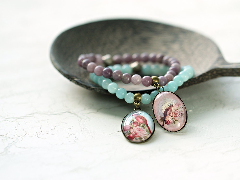 Vintage Bird Bracelet Set. 2 Charm Bracelets - Amazonite and Jade. Bohemian Jewelry Stretch Stacking Bracelets
