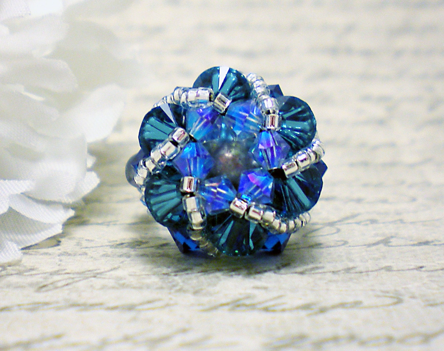 The Abby- Brilliant Blue and Silver Swarovski Crystal Star Burst Stretch Cocktail Ring