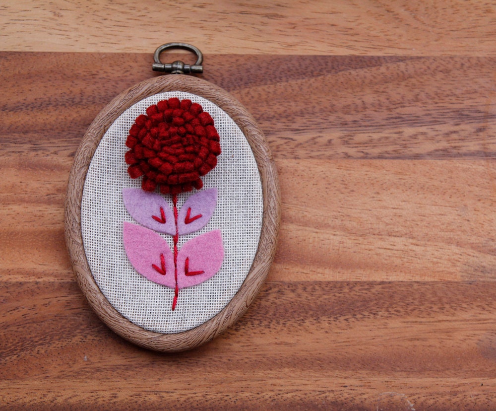 Mini Embroidery Hoop Art. Brick Red Felt Dimensional Flower 2.5 -inch. Wall Hanging or Ornament by Catshy Crafts