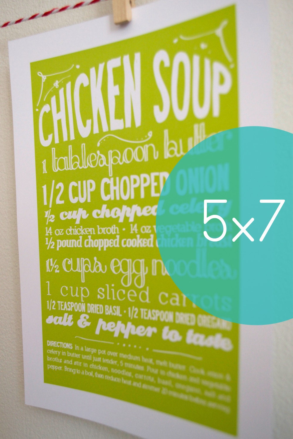 5x7 Kitchen Art Print of Chicken Soup Recipe with Handlettering