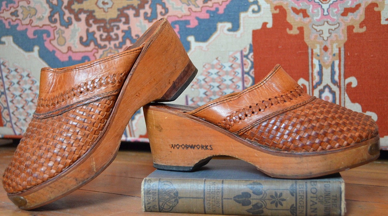 Vintage 60s Braided Leather Western Saddle Bohemian Clogs, 7.5