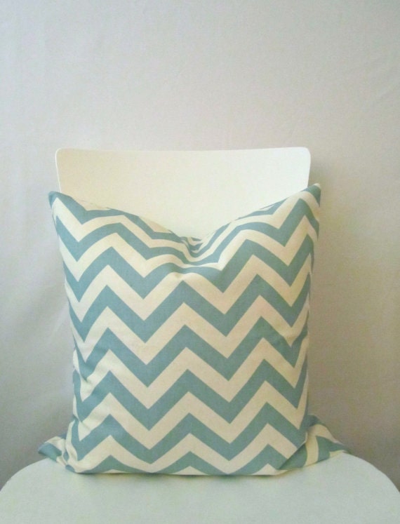 16 inch throw pillow cover, Chevron light blue and white. Zigzag pattern, modern print. For indoor use.