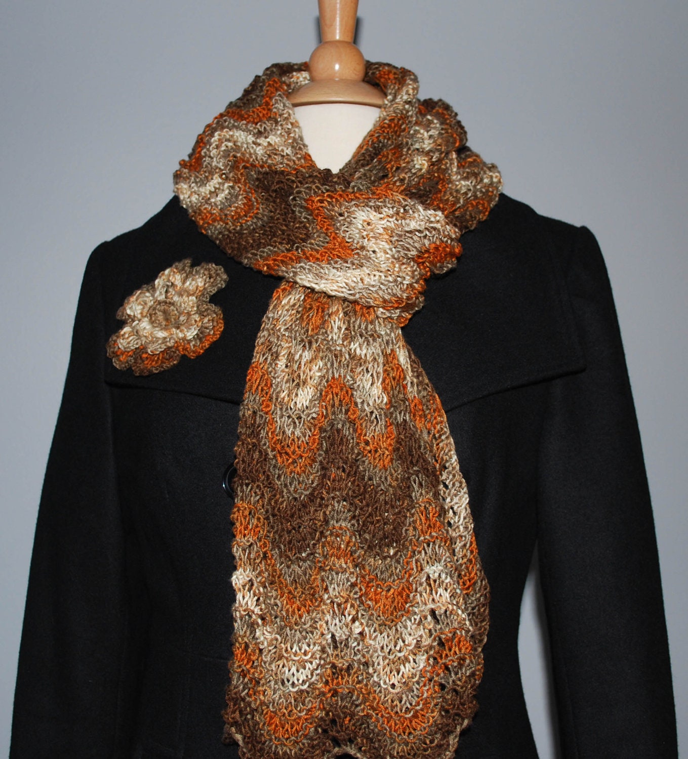 Hand knitted long multicolor fall/winter scarf with flower brooch