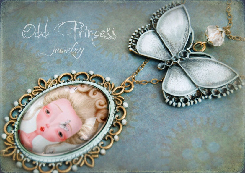 PRINCESS Of White Butterflies Ooak Victorian Art Cameo Bronze Necklace by Odd Princess, Wearable Art