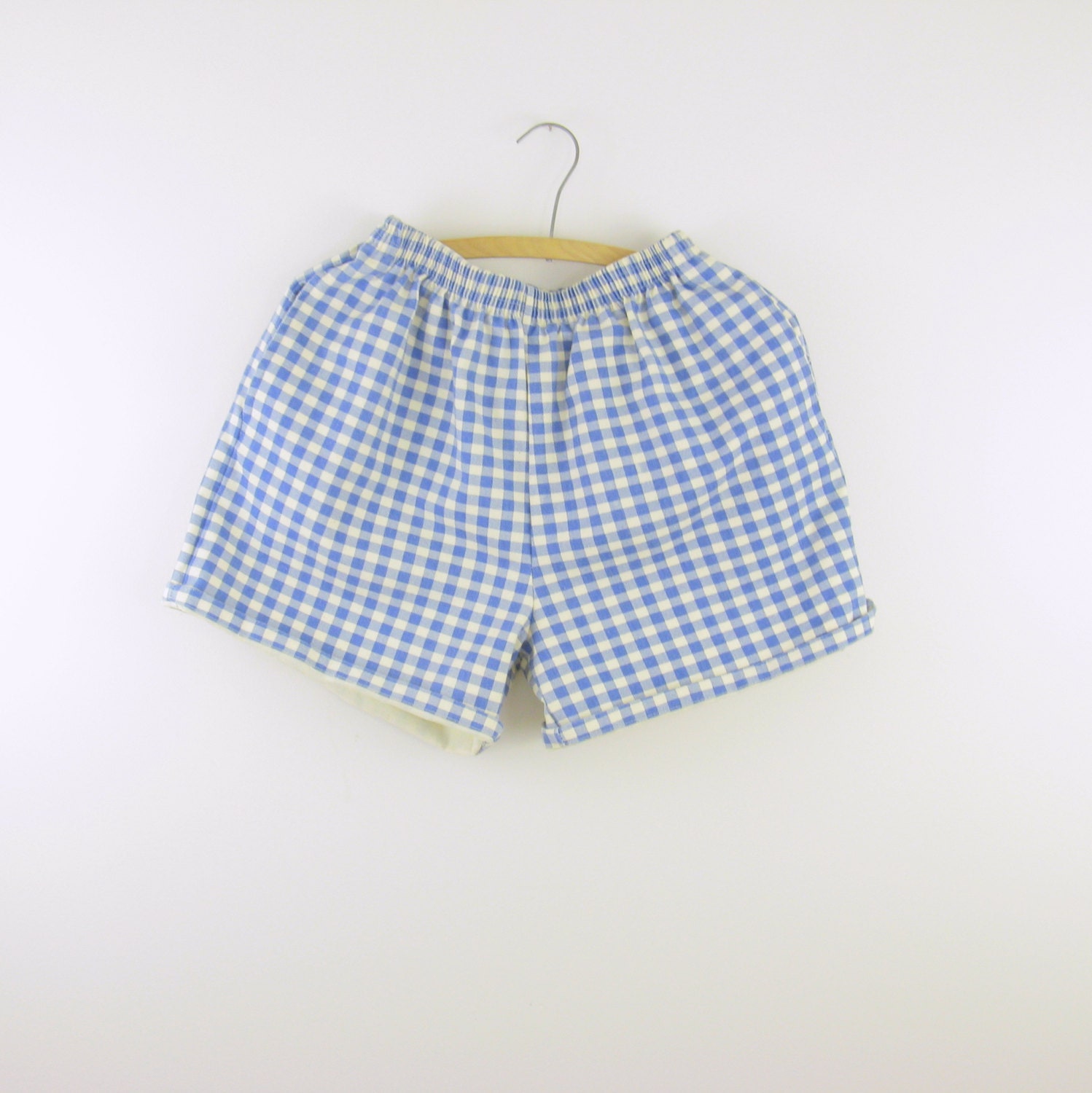 Vintage 1980s High Waisted Shorts in Blue Cotton Gingham - Medium
