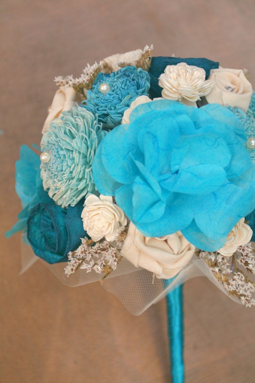 Hand Dyed Blue Alternative Wedding Bouquet - Aqua Wood Flowers, Cream Fabric Rosettes, Wildflowers, Turquoise Paper Flowers, Tiffany Blue