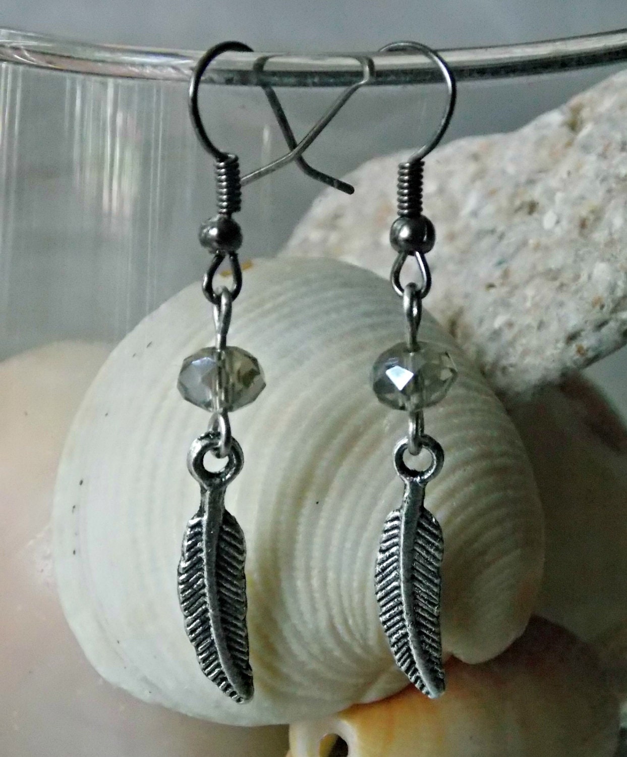 Silver Tone Feather & Swarovski Earrings - Free Shipping - Under 10 - Jewelry