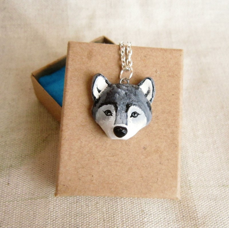 Wolf necklace, Grey Wolf Totem, Polymer Clay hand Painted Jewelry