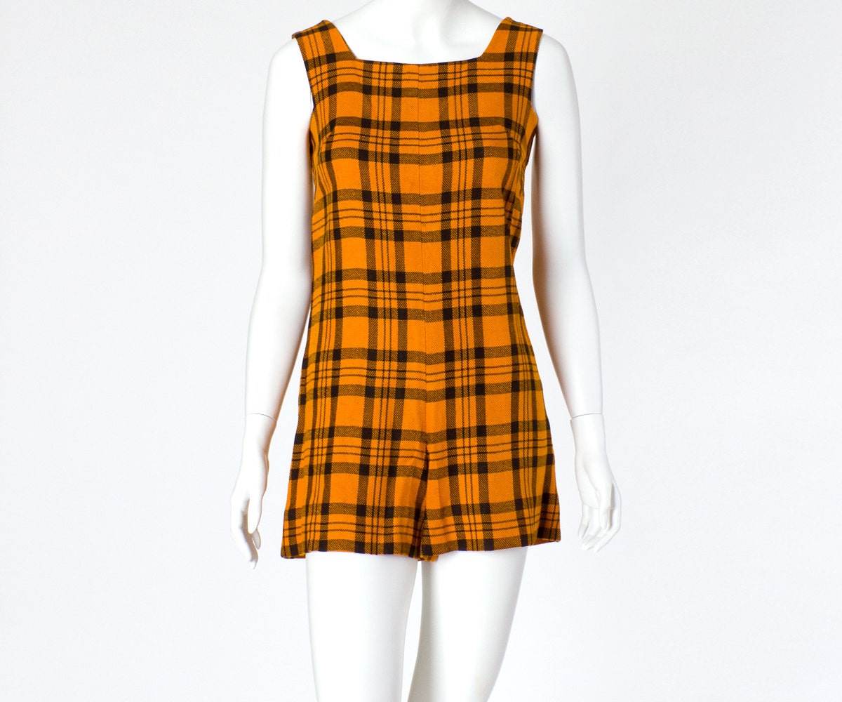 60s Vintage Romper Jumpsuit Playsuit Plaid Yellow Orange Gold Black Small
