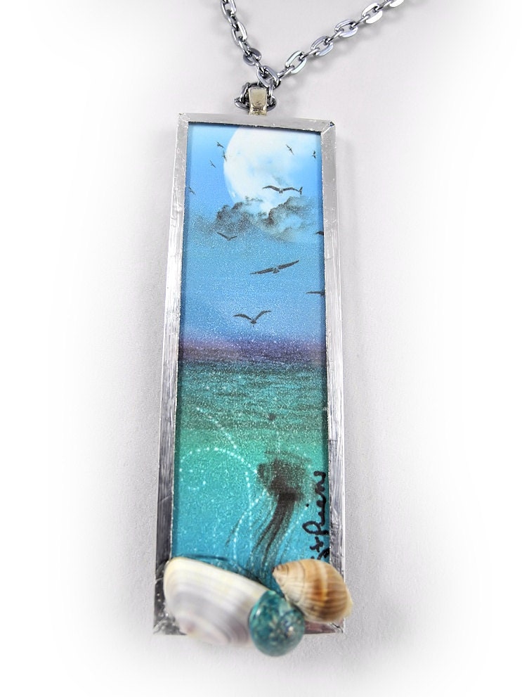 Digital Art Pendant, Necklace, Sea Life, Jellyfish, REVERSIBLE, Octopus, Microscope Glass - Unique Jewelry for a Unique You