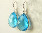 Azure Blue Quartz Earrings, Gemstones Bezel Set in Sterling Silver - Bride, Bridesmaids Set - Large Bright Framed Stone Jewelry