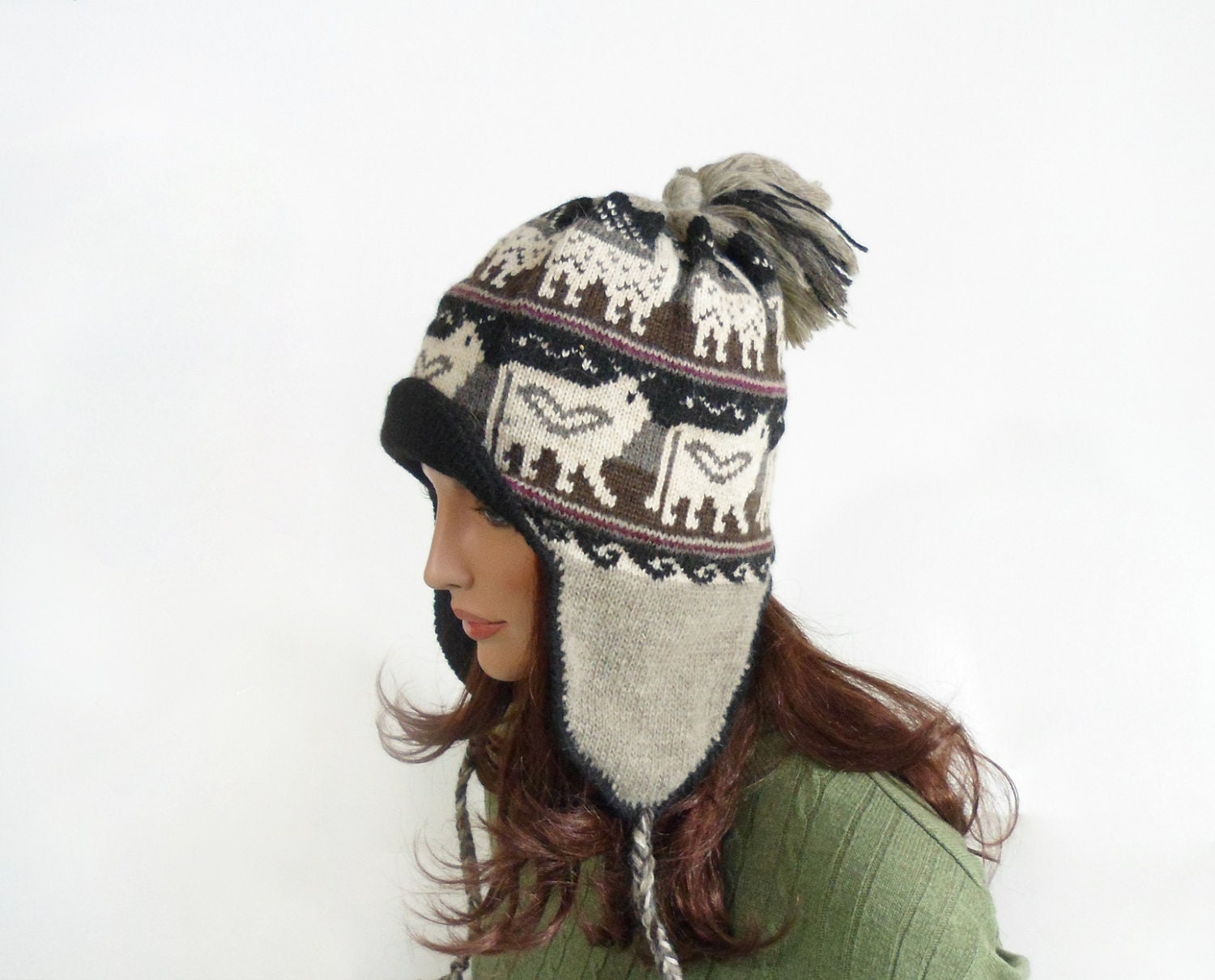 Knitted Ear Flap Hat, Peruvian Inspired Alpaca Hat, Brown, Black and Gray