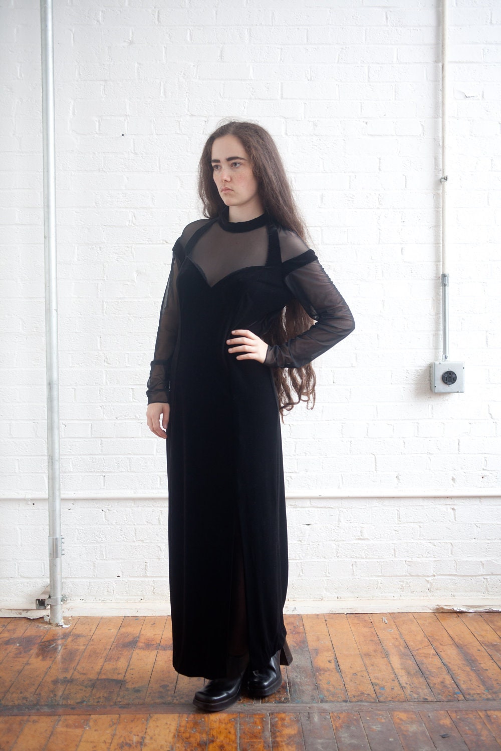 80s black velvet mesh dress size 12