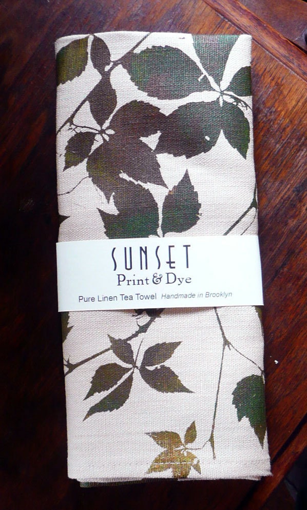 Linen Tea Towel Woodland Rustic Home Decor Leaf and Vine