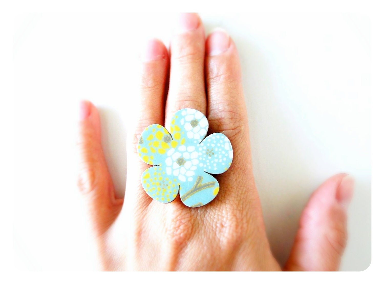 Flower Ring, Seafoam Ring, Large, Laser Cut Ring, Japanese Paper, Adjustable, Flower Shape, Wood Ring, Bridesmaids - PrettyKiku