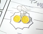 Yellow Polka Dot Earrings, Resin Jewelry, Japanese Yuzen Chiyogami Washi, Origami paper, Silver Plated, Gift under 15, Ready to ship