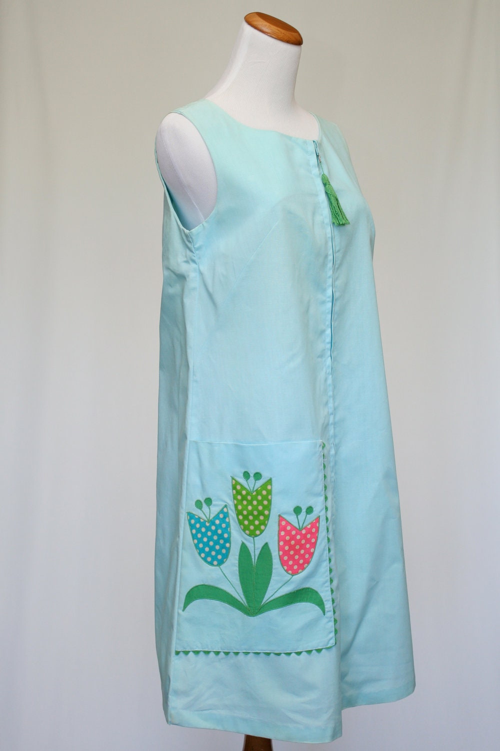 70's Vintage Dress, Aqua House Dress with Tulip Pocket