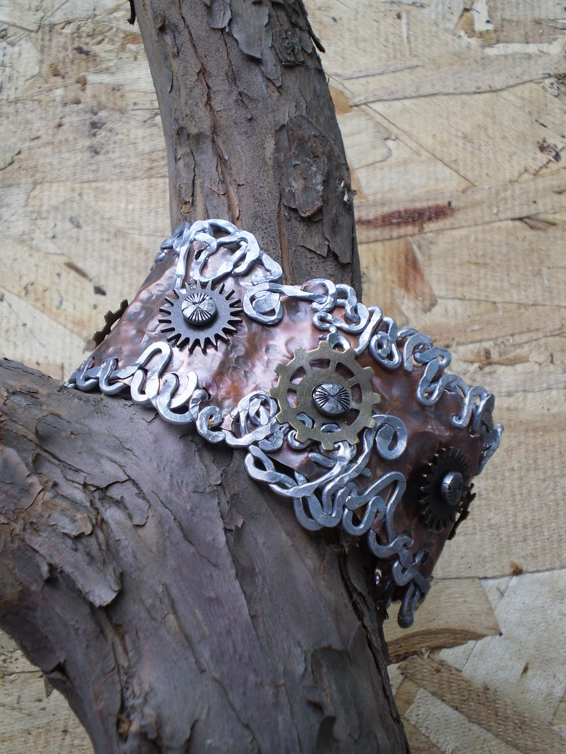 One of a Kind Steampunk Copper Cuff: Smashing Cogs Tapestry Wrist Cuff Bracelet