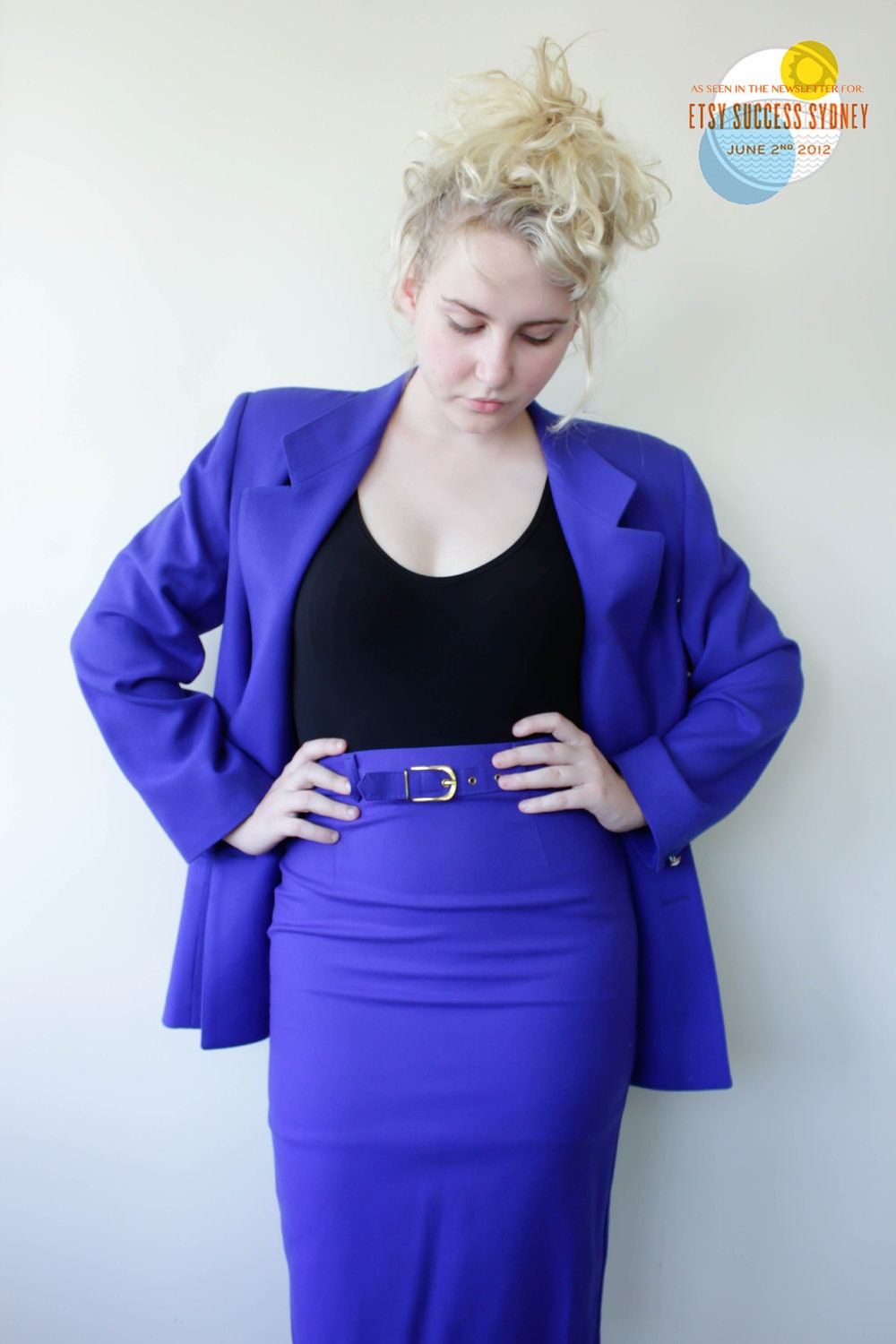 Electric Blue Woollen Jacket & Skirt Suit - 1980s Suit Jacket - Blue Pencil Skirt Size M