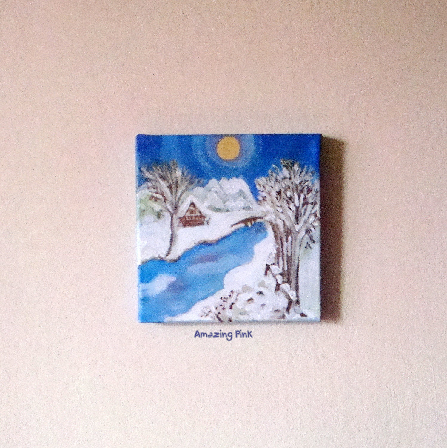 Winter Night / Original Painting / Acrilic Mixed Media Painting on 7,9" x 7,9" ( 20 x 20 cm) Artistic Canvas