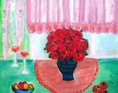 Vase of Red Flowers / Original Painting / Acrilic Mixed Media Painting on 7,9" x 7,9" (20x20 cm) Artistic Canvas.