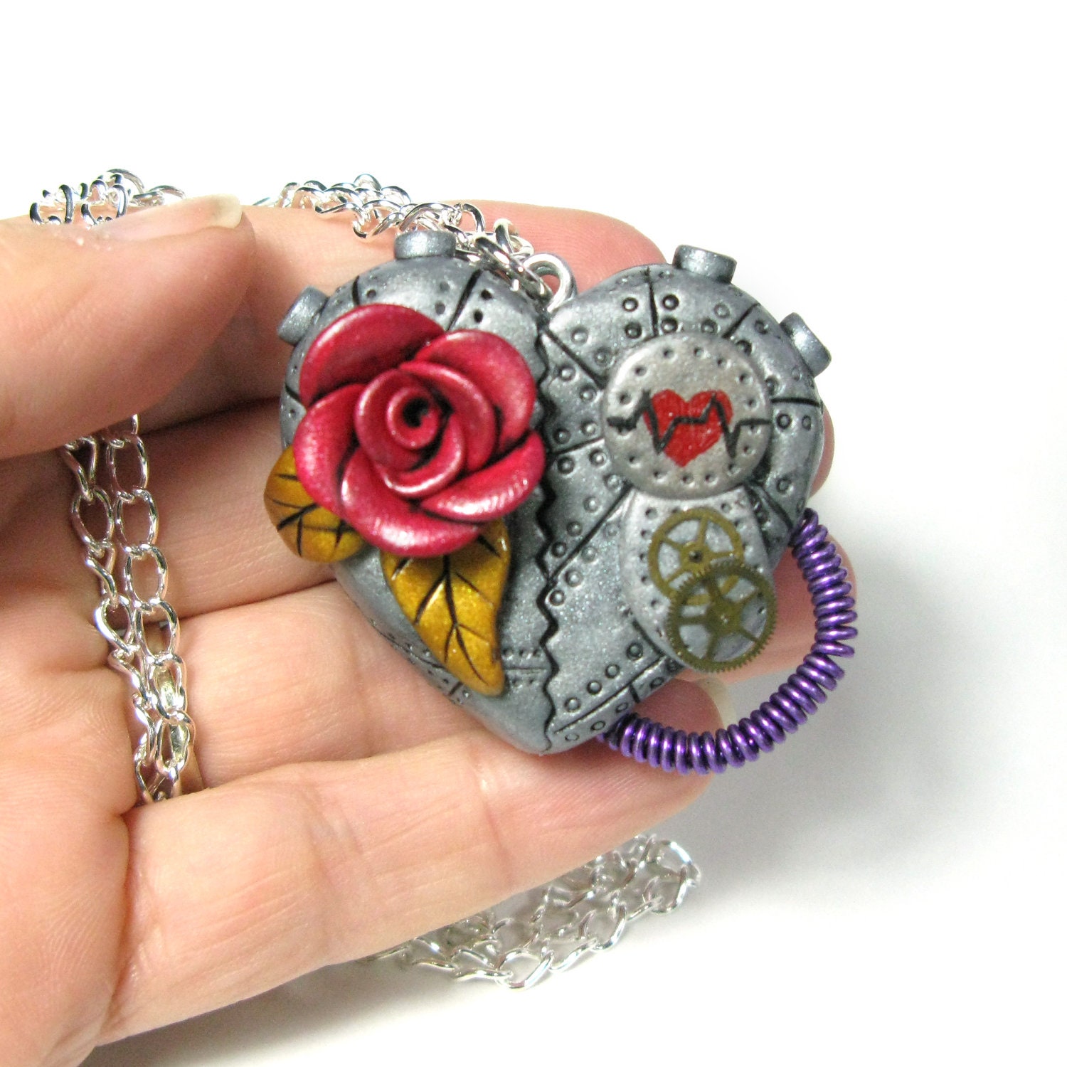 Industrial Heart Locket - steampunk rose cogs gears jewellery necklace pendant