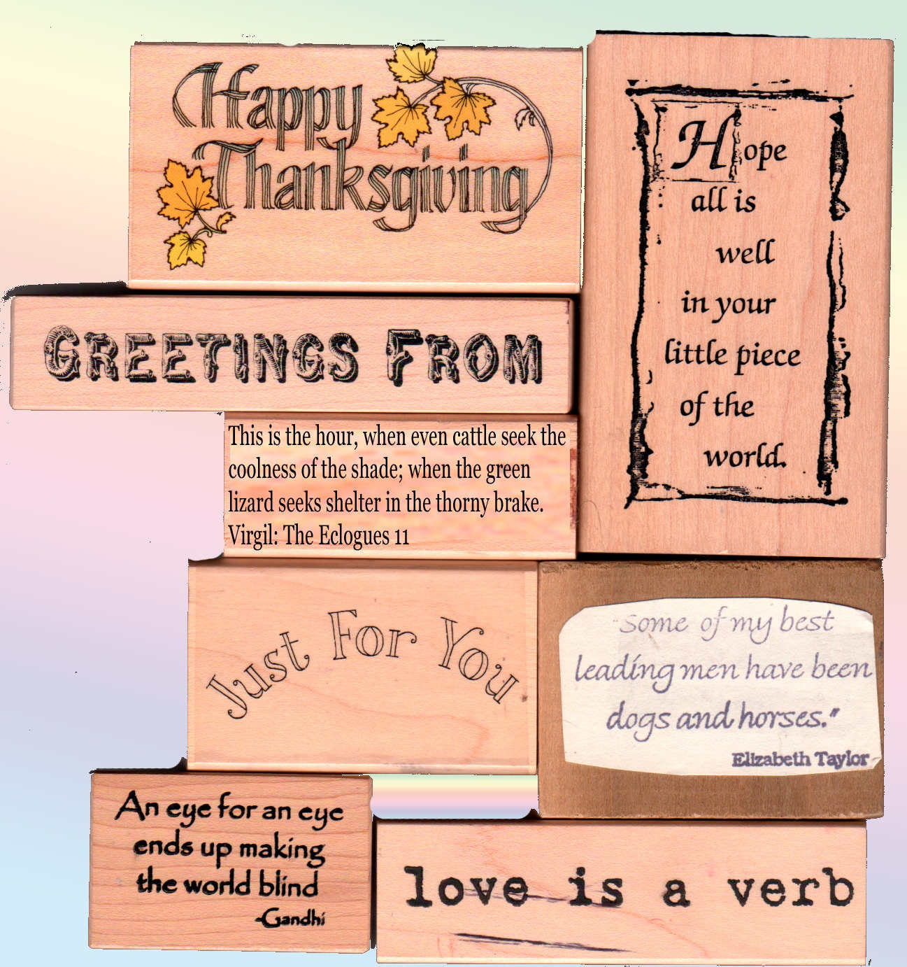 8 RubberStamp Set:  Greetings, Love is a verb, Just For You and More.