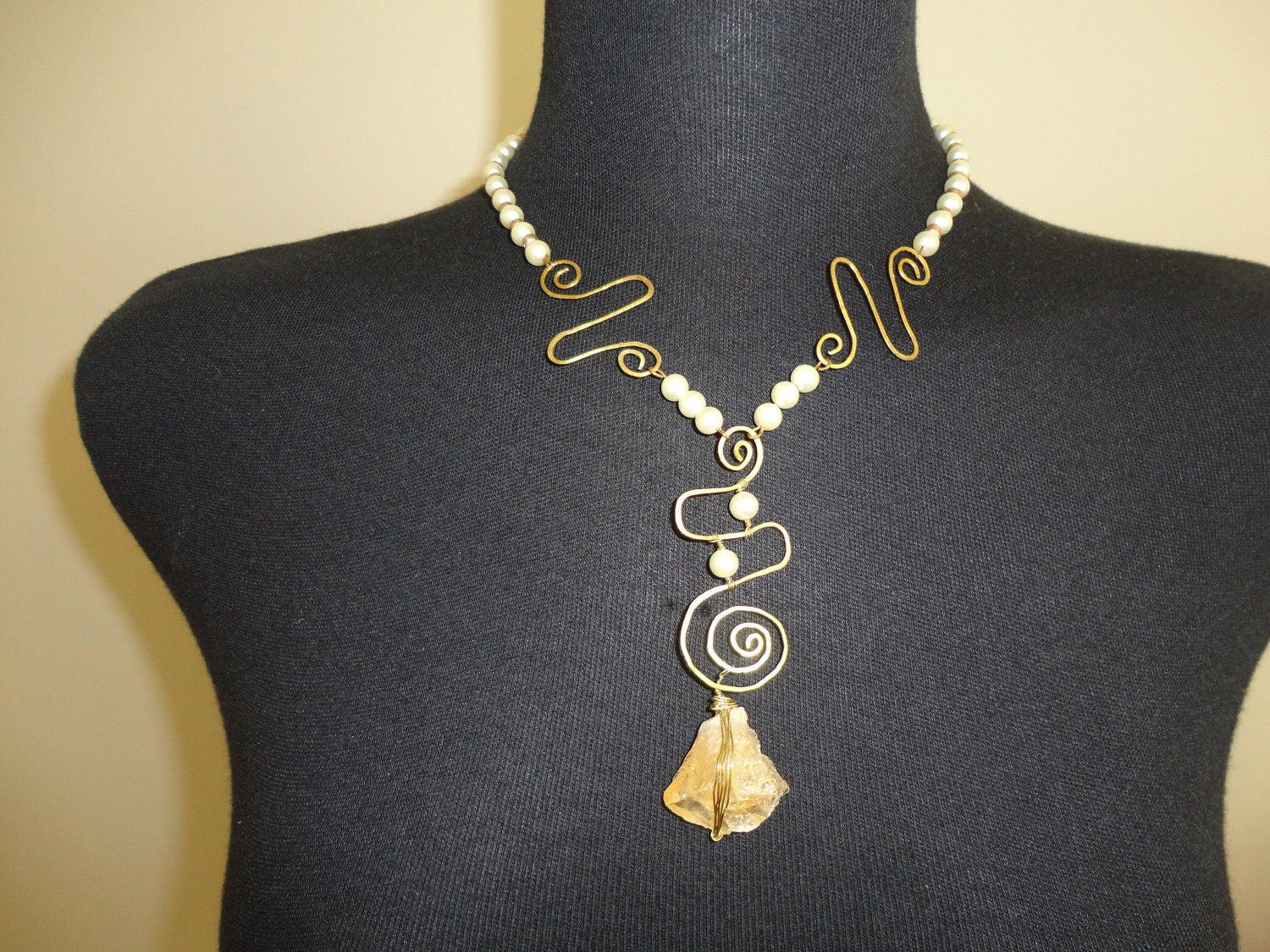 Gold Tone Wire Wrap Art Necklace  inc. wire work jig, quarts, yellow tone, ooak vintage gem cream pearls pearl glass beads swirl