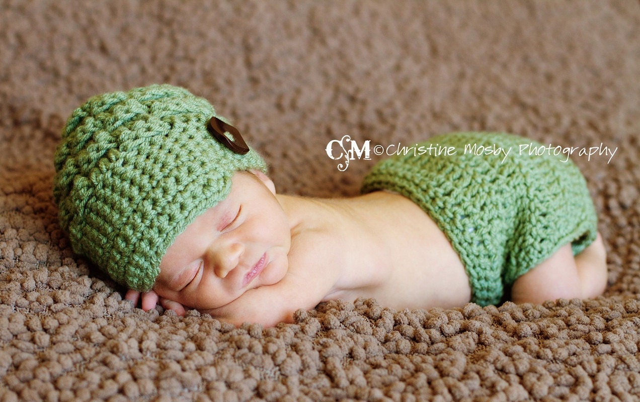 Newborn Boy Hat and Diaper Cover Set - Photo Prop - Newsboy Cap - Green